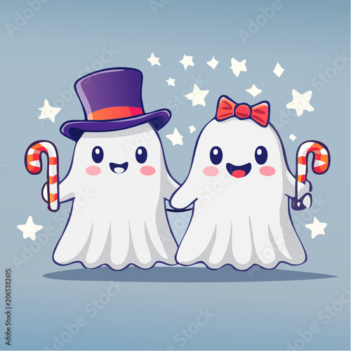 Cute Couple Ghosts Holding Candy Canes