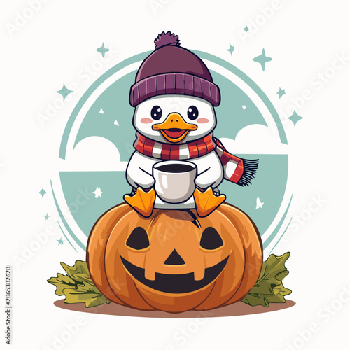 Cute Duck in Winter Hat and Scarf Holding Coffee Cup on Pumpkin