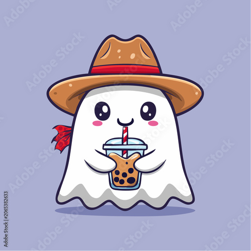 Cute Ghost Cowboy Drinking Boba Tea