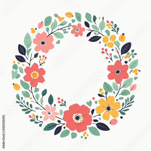 Floral Wreath with Flowers and Leaves
