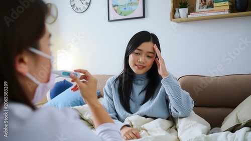 Girl Headache A Fever Thermometer Measure Body Temperature