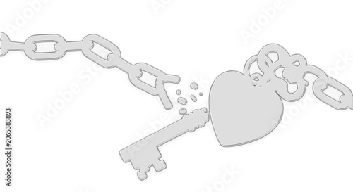 A key unlocks a heart-shaped lock on a chain with sparks