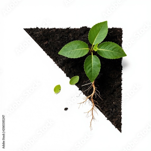 Young green plant grows from dark soil with visible roots. Leaves unfurl upwards, symbolizing new life, growth, and natural development. Tiny seedling emerges from fertile earth.