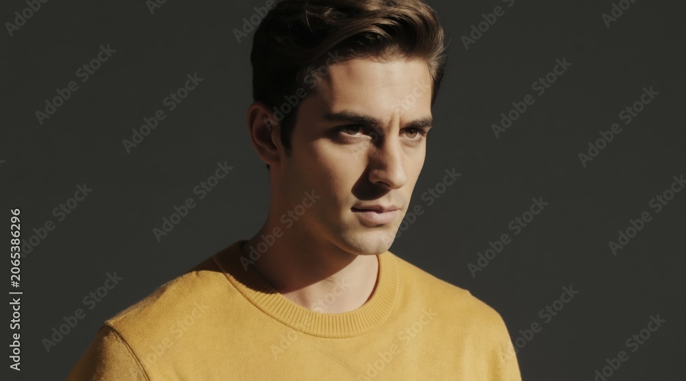 Fototapeta premium Young man in yellow sweater looks thoughtfully aside in studio. His confident pose suggests leadership or a career focus. He is serious and pro. Clean shot.