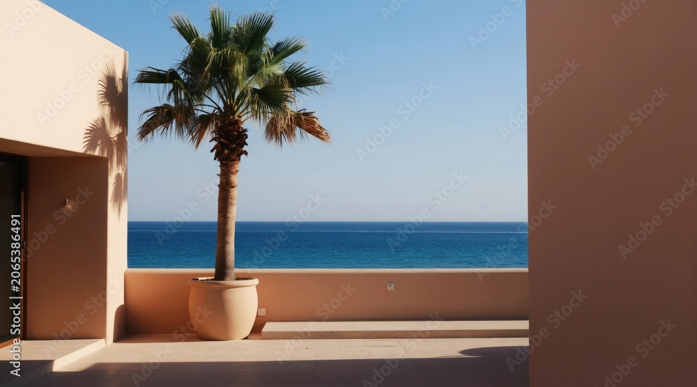Fototapeta premium Terrace with palm tree overlooks blue ocean under clear sky. Modern minimalist architecture and warm pastel walls create tranquil seaside resort vibe.