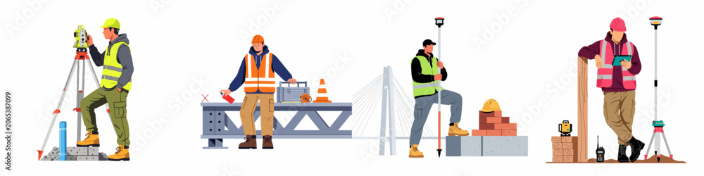 Fototapeta premium Professional Land Surveyors and Civil Engineers Using Specialized Equipment for Topographic Mapping and Construction Site Measurement in a Flat Vector Illustration