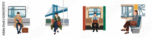 Fotografía Set of Illustrations Featuring Professionals Commuting by Subway with Views of t