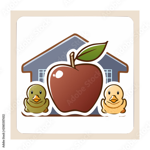 Cartoon Apple with Ducklings and House Illustration