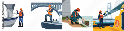 Fotografi Professional marine engineers and inspectors conducting structural assessments and maintenance on large bridges from boats using specialized equipment and safety gear