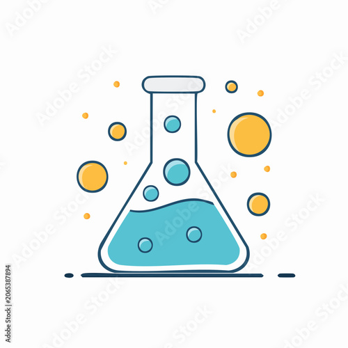 Flat design illustration of a science flask with blue liquid and bubbles