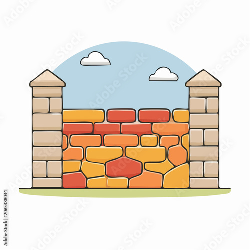 Illustration of a colorful stone wall with pillars and sky