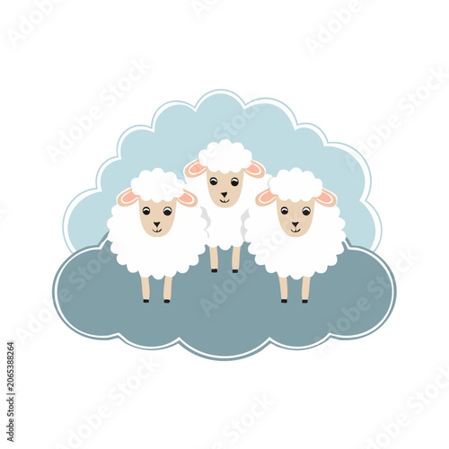 Three cartoon sheep standing on a cloud