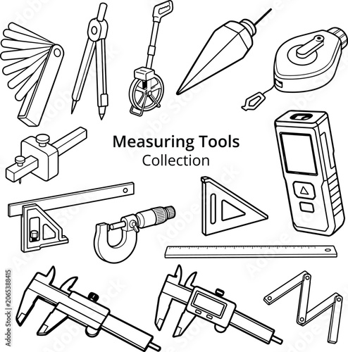 Construction Measuring Tools Collection Black and White Vector Illustration Set