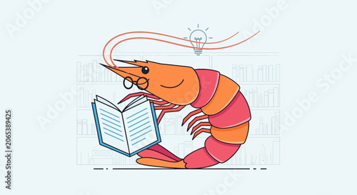 Smart Shrimp Reading a Book with an Idea Lightbulb Above