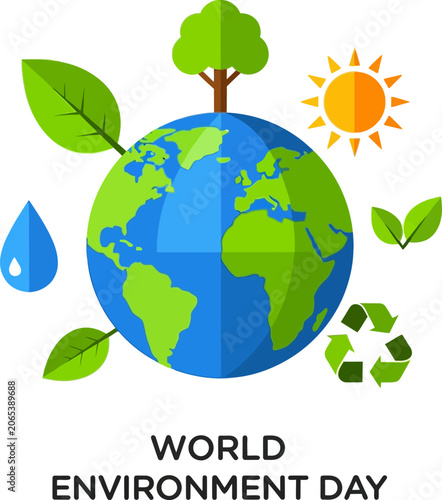 World Environment Day illustration with Earth, tree, sun, water drop, leaves, and recycle symbol.
