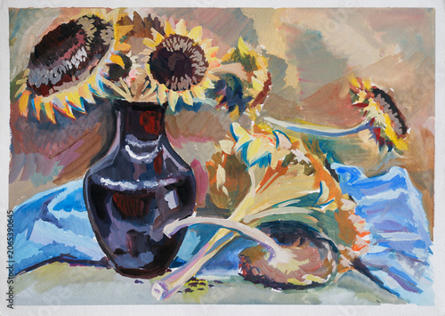 Still life with sunflowers in a vase