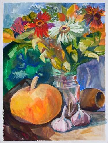 The autumn still life with flowers, pumpkin and garlic