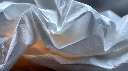 Tissue paper folds, thin white wrapping paper, soft creases, delicate material background, light transparency 