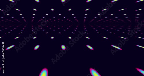 Abstract geometric pattern of glowing elliptical shapes receding into a dark background, digital motion background with repetitive hypnotic circles.