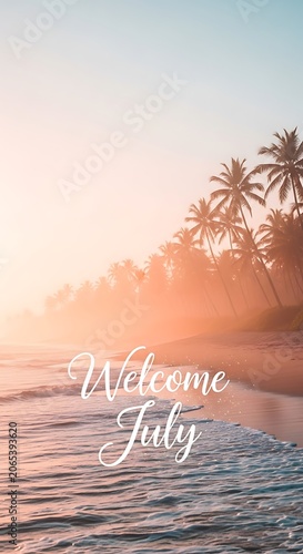 Sunset over tropical beach with palm tree silhouette.