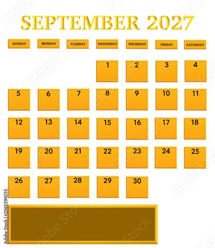 Luxury Gold Metallic September 2027 Monthly Calendar Template with Black Numbers on Framed Golden Plaque Date Boxes, Premium Gold Border Layout, Elegant Planner Design, Isolated Transparent Background