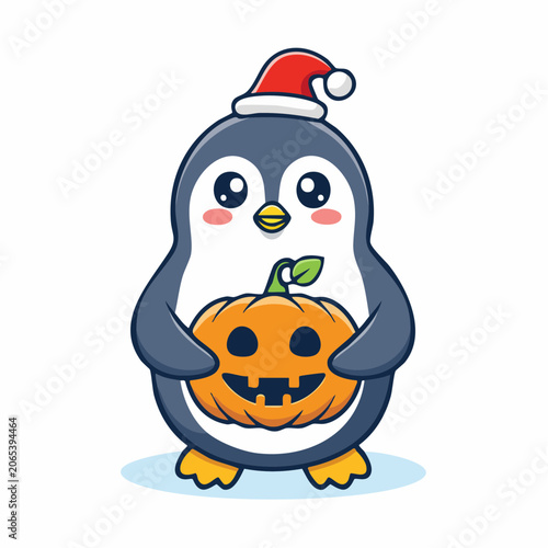 Cute Penguin Wearing Santa Hat Holding Jack-o'-lantern
