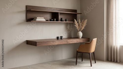 Minimalist home workspace with wooden desk and decorative deer head on wall in neutral interior