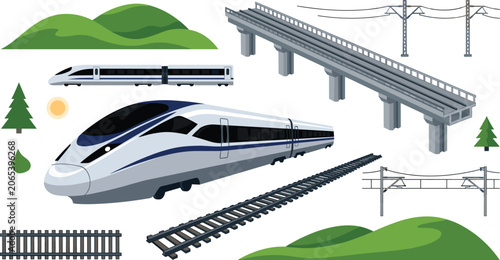 Fotografie Modern High Speed Bullet Train Railway Vector Element Set with Overpass Bridge T