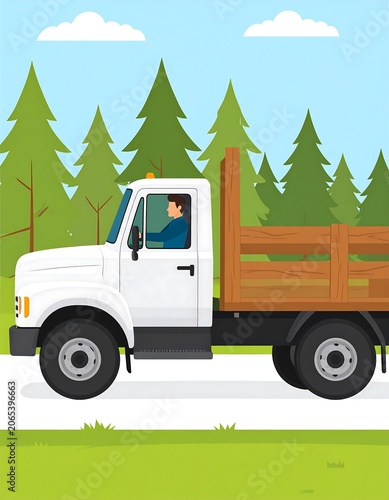 A white truck with a wooden bed driving on a road through a forest