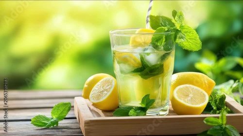 Glass of iced lemon water with basil leaves and straws on wooden tray fresh lemons sliced. Best Drinks for Burning Fat Naturally concept of summer refreshment and cooling.