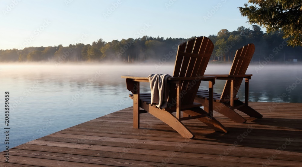 Naklejka premium Two empty wooden Adirondack chairs sit on a lake deck at dawn. Morning mist hovers over calm water, creating a peaceful, serene atmosphere. Trees line the distant shore under a clear sky.
