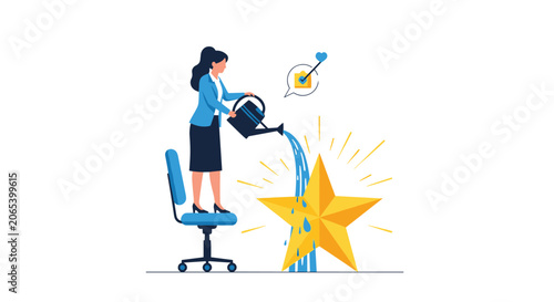 Professional woman standing on a chair to water a large golden star with a watering can, representing recognition and talent growth.