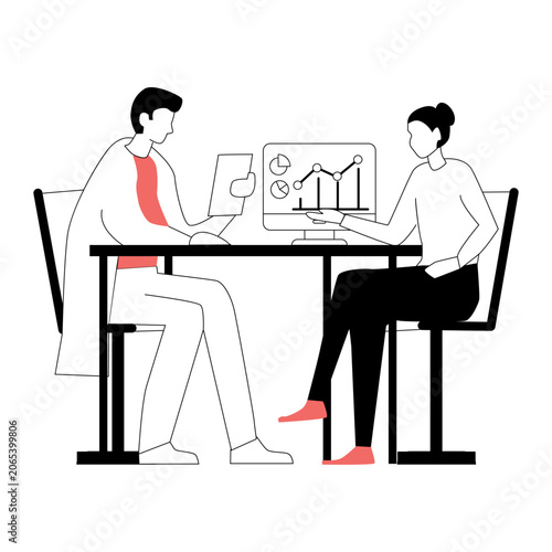 Woman at the doctor's appointment. Vector concept illustration of a  girl and male doctor sitting and talking at the table in the office. Interior of a consulting room with doctor and patient