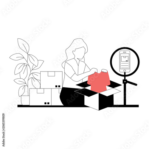 A girl shows the process of unpacking things after moving on a camera mounted on a tripod. Changing winter wardrobe to summer. Decluttering and sorting things. Packing for a vacation in a warm country