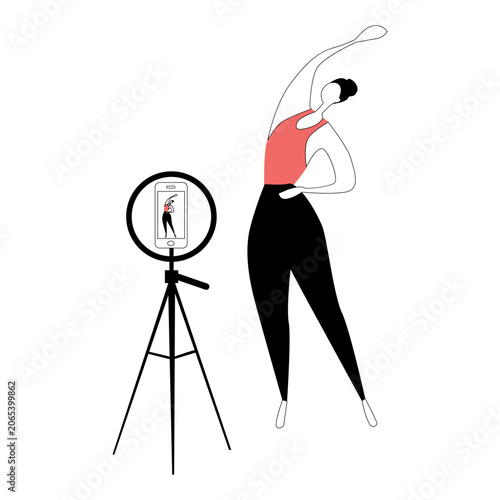 Fitness blogger is taking selfie with phone. Bodybuilder is filming video on camera. Online gym training concept