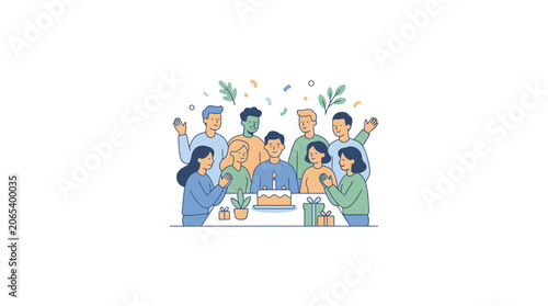 Group of Happy Diverse Friends Celebrating Birthday with Cake and Gifts