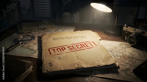 Top secret classified papers on detective table with magnifying glass document classified investigation detective magnifying