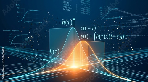 Mathematical function curves illustrate complex signal processing and wave dynamics through a detailed projection of calculus equations and logarithmic charts on a dark virtual background.