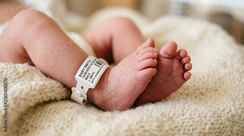 Newborn baby feet wear a hospital identification bracelet while resting comfortably upon a soft knitted blanket in a clinical nursery setting.