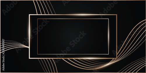 Luxury Black and Gold Abstract Background with Elegant Rectangular Frame and Flowing Golden Waves