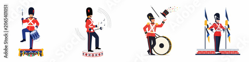 Fényképezés Set of Flat Vector Illustrations of Royal Guard Soldiers in Traditional Red Unif