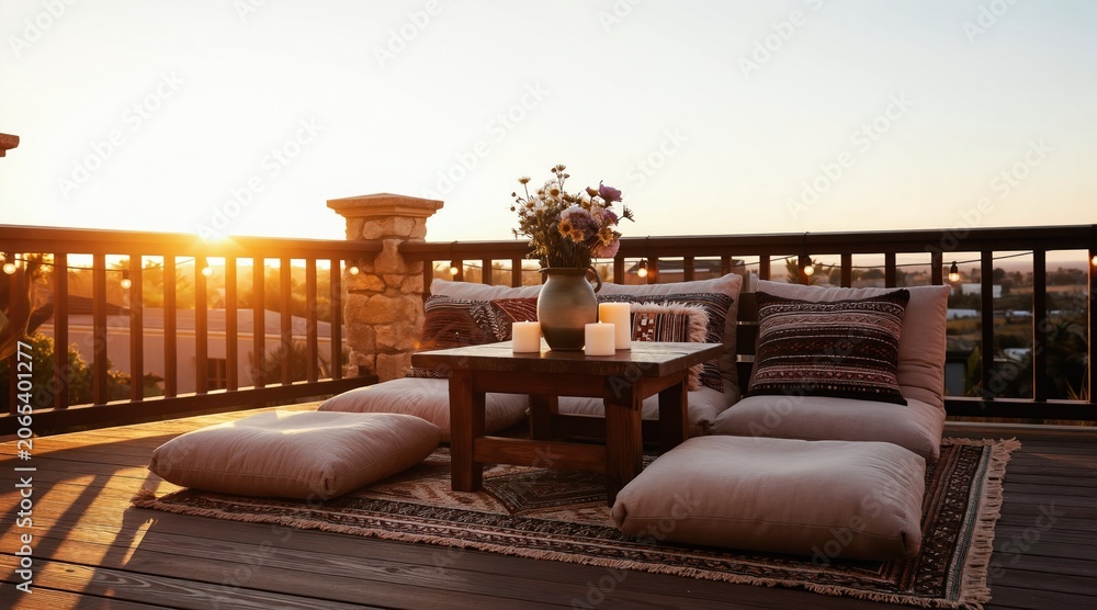 Fototapeta premium Boho deck at sunset with low seating cushions, candle lights, and flower vase. String lights glow on railing. Peaceful outdoor lounge with rug.