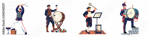Fényképezés Set of illustrations depicting ceremonial military drummers in historical uniforms playing bass drums and percussion instruments, isolated on a white background