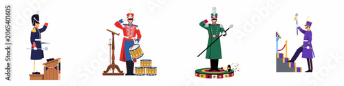 Fotografie Set of four colorful vector illustrations showing male characters in various ceremonial uniforms, including drum majors and parade leaders