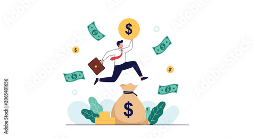 Joyful businessman jumping over a large bag of money and gold coins while surrounded by flying dollar bills to celebrate wealth.