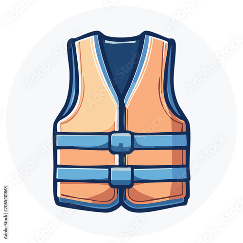 Illustration of a cartoon life vest in orange and blue within a white circle.