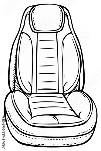 Cartoon-style illustration of a modern car seat, front view, black and white