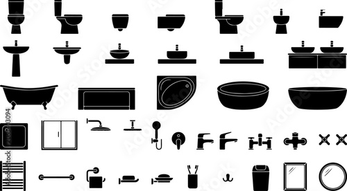 Photos Collection of various bathroom fixtures and accessories set in black silhouette
