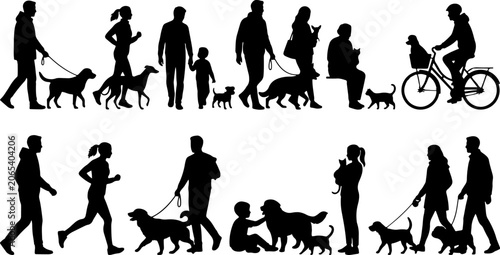 Silhouettes of people walking dogs and a cat in a park