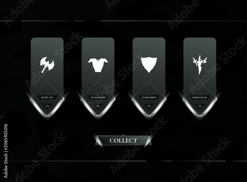 Εκτύπωση καμβά Dark fantasy RPG reward screen UI kit featuring loot collection cards and achievement progress